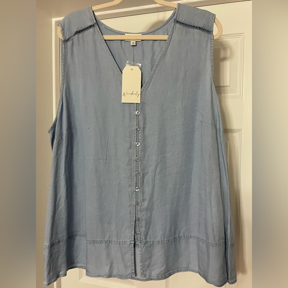 NWT Wonderly Vneck Button Top. Blue. 3X